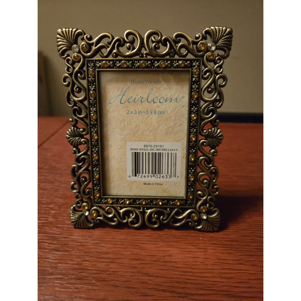 HomeTrends Heirloom Brass Jeweled Picture Frame 2x3 Ornate Victorian Scroll 8670